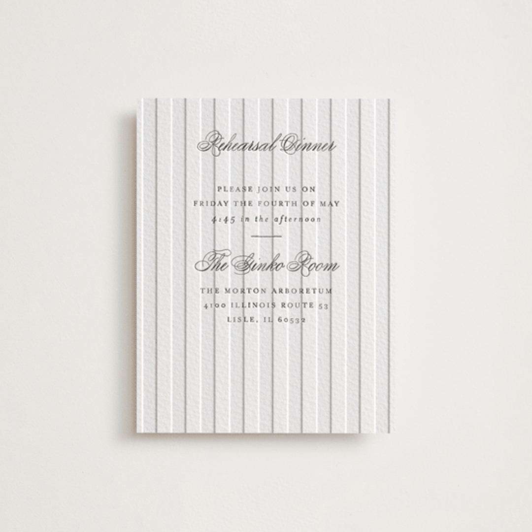 "Striped" - Letterpress Rehearsal Dinner Cards in Soft Black by Baumbirdy - Front
