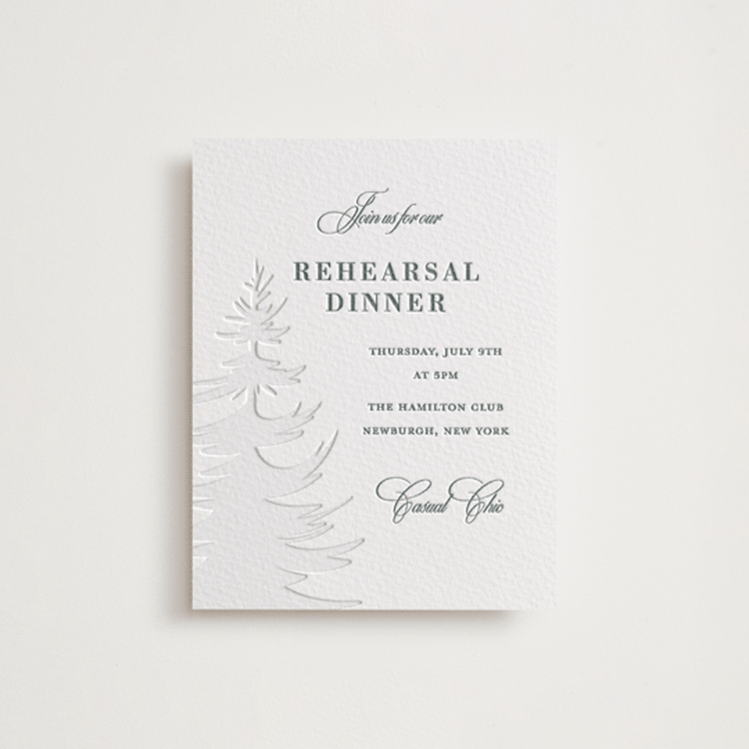 "Evergreen" - Letterpress Rehearsal Dinner Cards in Stone by Teju Reval - Front