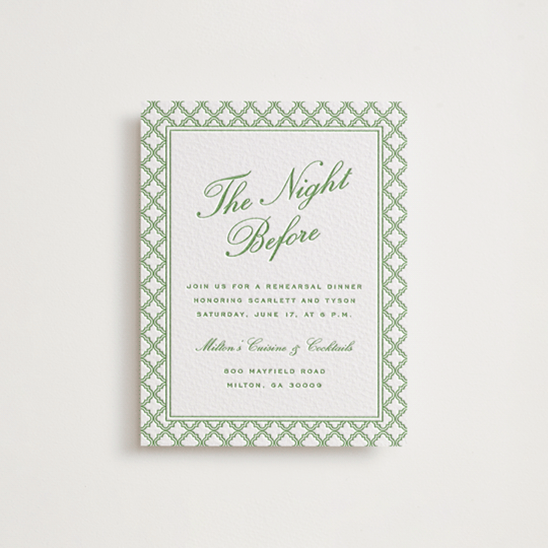 "Garden Trellis" - Letterpress Rehearsal Dinner Cards in Pear by Angela Garrick - Front