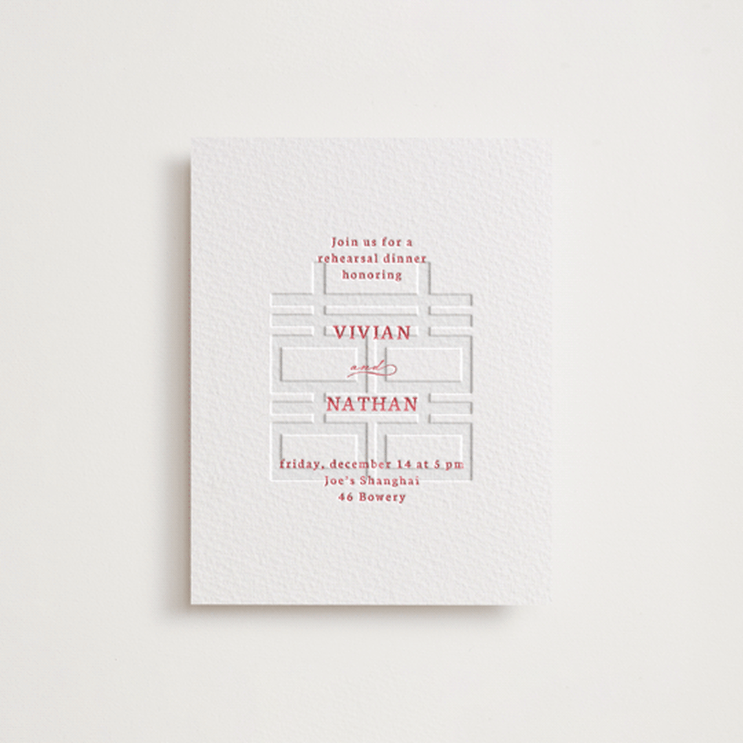 "simply happy" - Letterpress Rehearsal Dinner Cards in Scarlet by Deborah Chou - Front