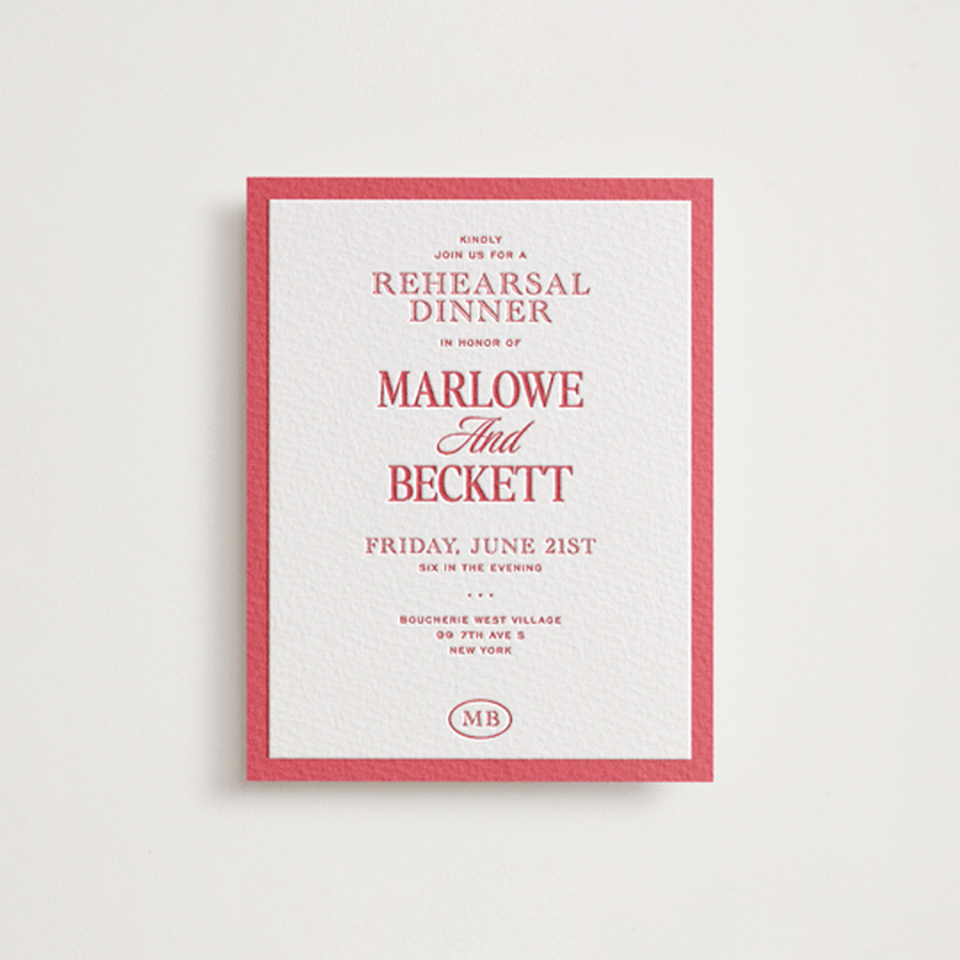 "Vermilion" - Letterpress Rehearsal Dinner Cards in Scarlet by Jenna Holcomb - Front