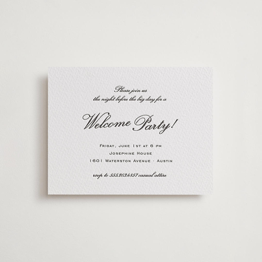 "Cornelia" - Letterpress Rehearsal Dinner Cards in Soft Black by Megan Davis - Front
