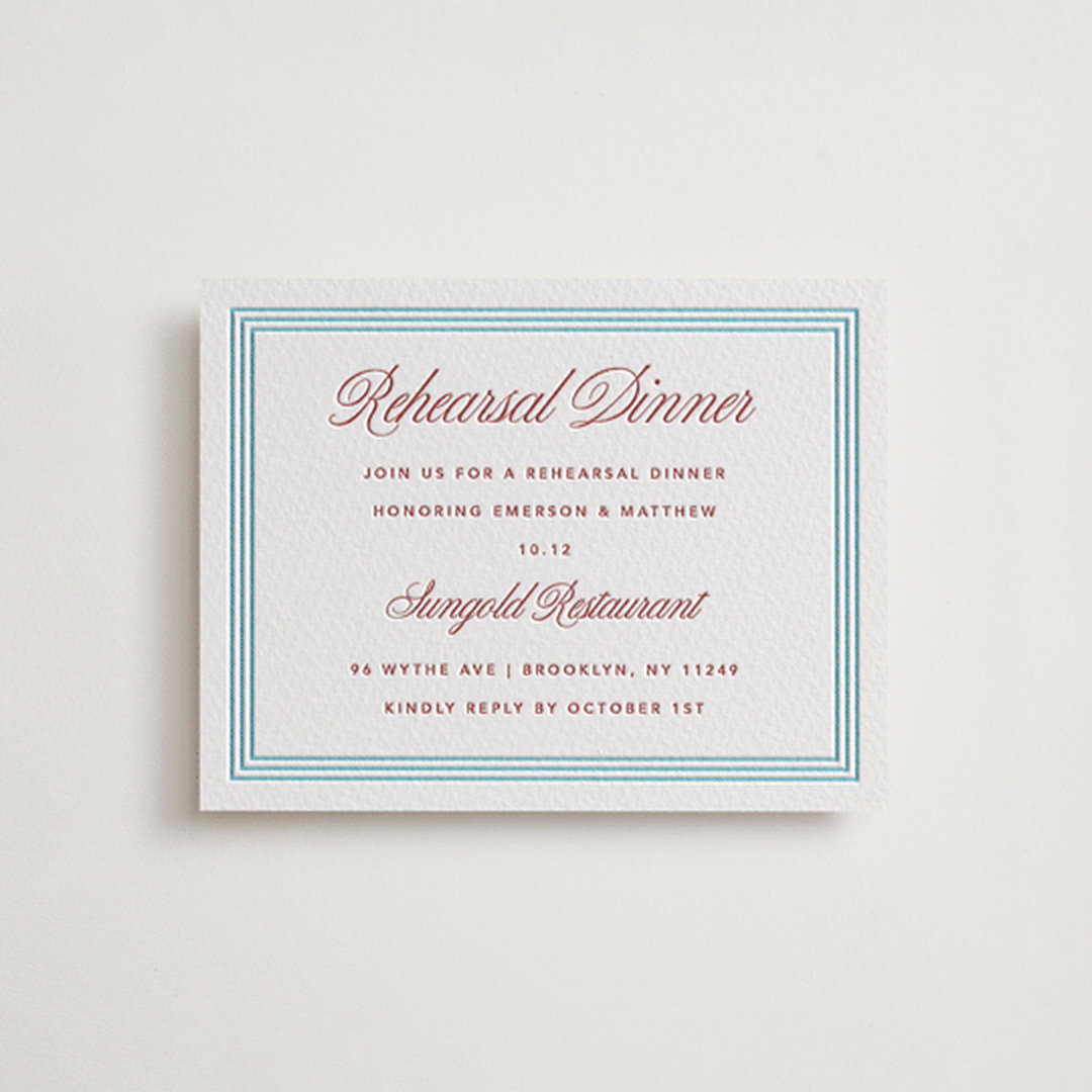 "Charm" - Letterpress Rehearsal Dinner Cards in Rosewood by Kelly Watkins - Front