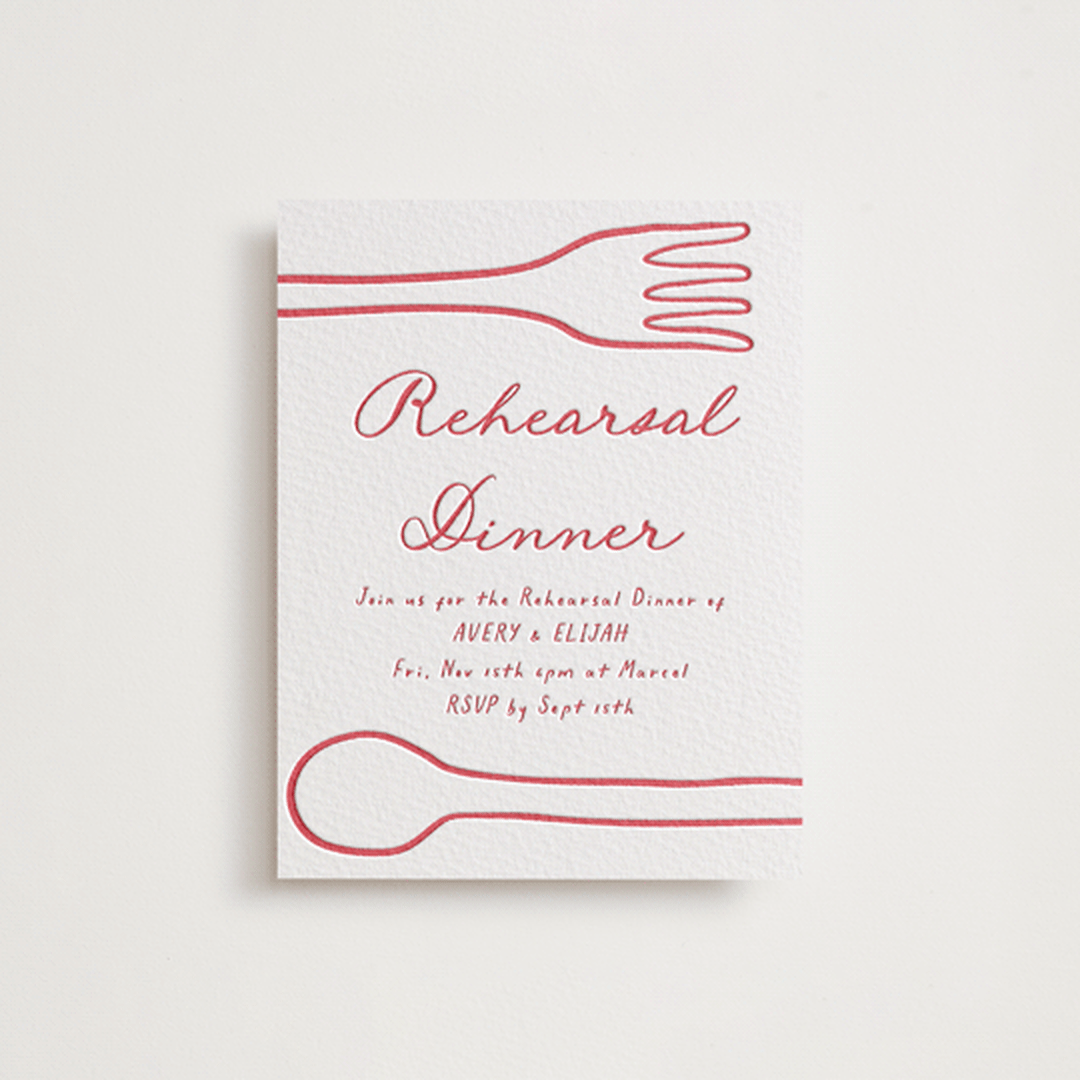 "Prep School" - Letterpress Rehearsal Dinner Cards in Scarlet by Morgan Kendall - Front
