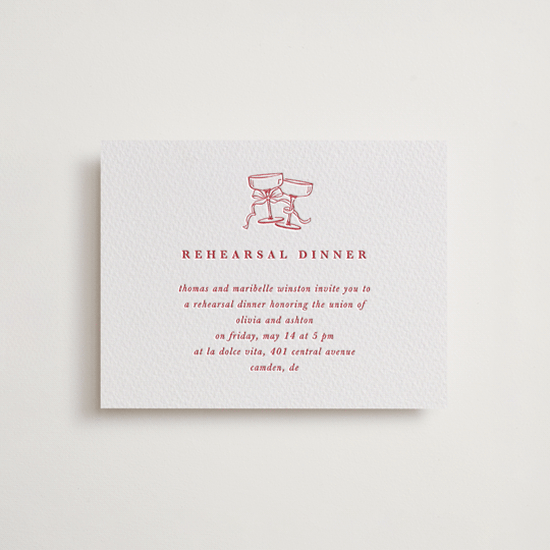 "Classic Cherries" - Letterpress Rehearsal Dinner Cards in Scarlet by Charter Oaks Creative - Front