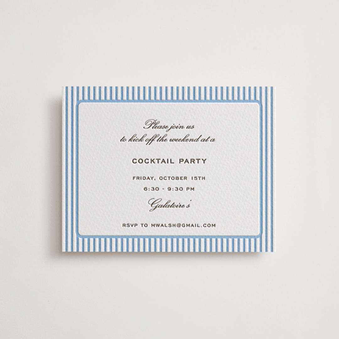 "Aperitif" - Letterpress Rehearsal Dinner Cards in Sky Blue by Megan Davis - Front