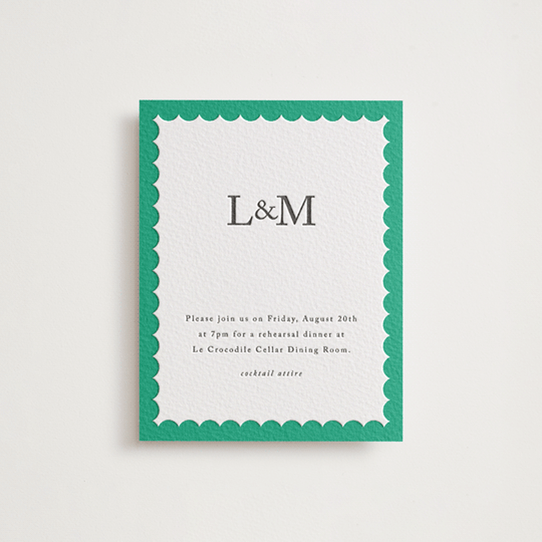 "Classic Initials" - Letterpress Rehearsal Dinner Cards in Soft Black by mo kelley - Front