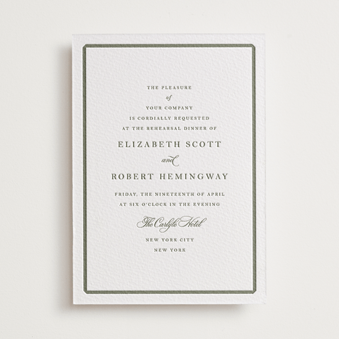 "Bevel" - Letterpress Rehearsal Dinner Invitations in Moss by Megan Davis - Front