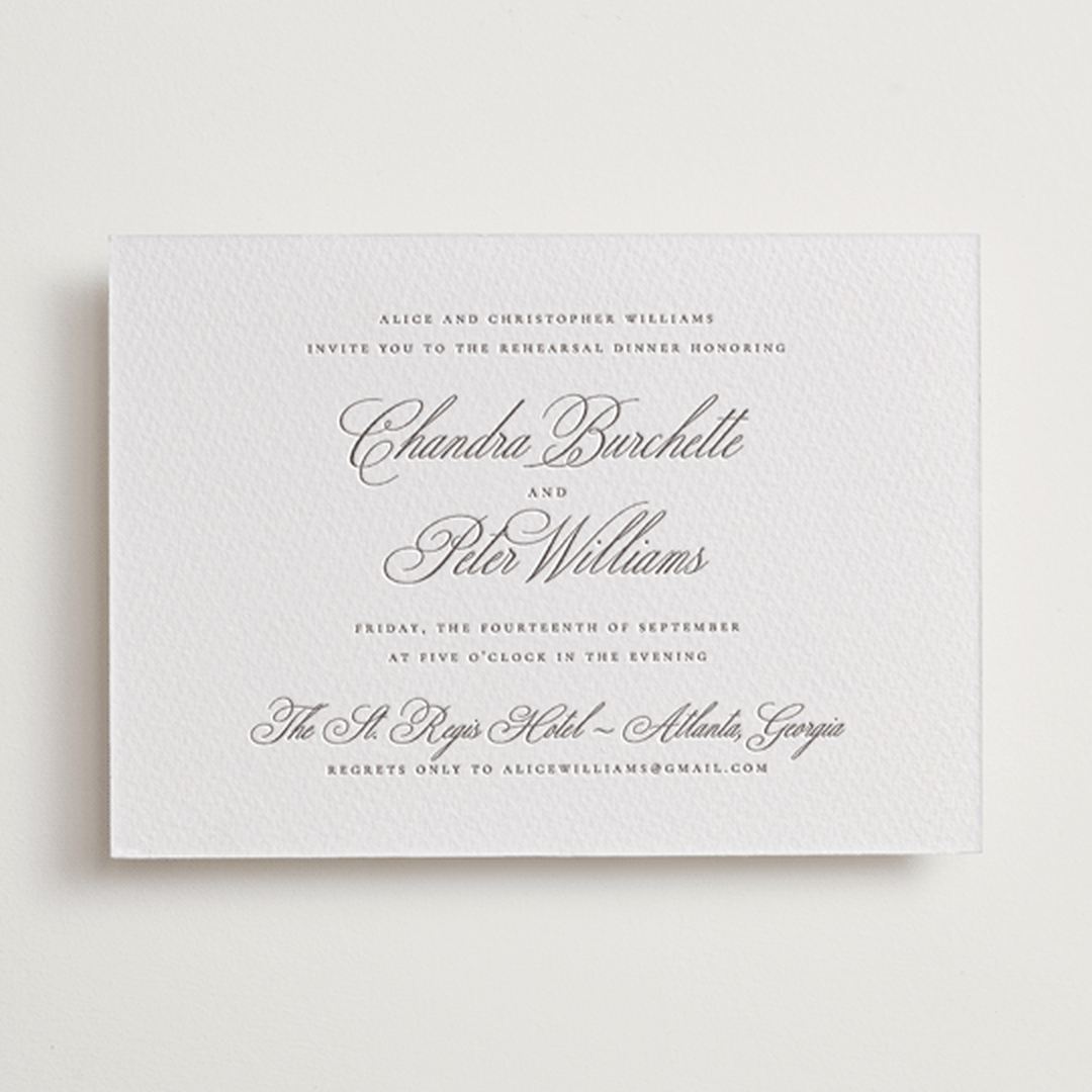 "Calligraphie" - Letterpress Rehearsal Dinner Invitations in Graphite by Wildfield Paper Co - Front
