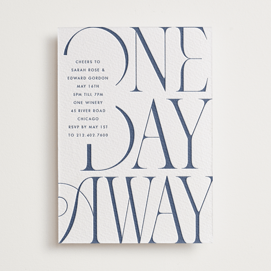 "A Day Away" - Letterpress Rehearsal Dinner Invitations in Aegean by Baumbirdy - Front