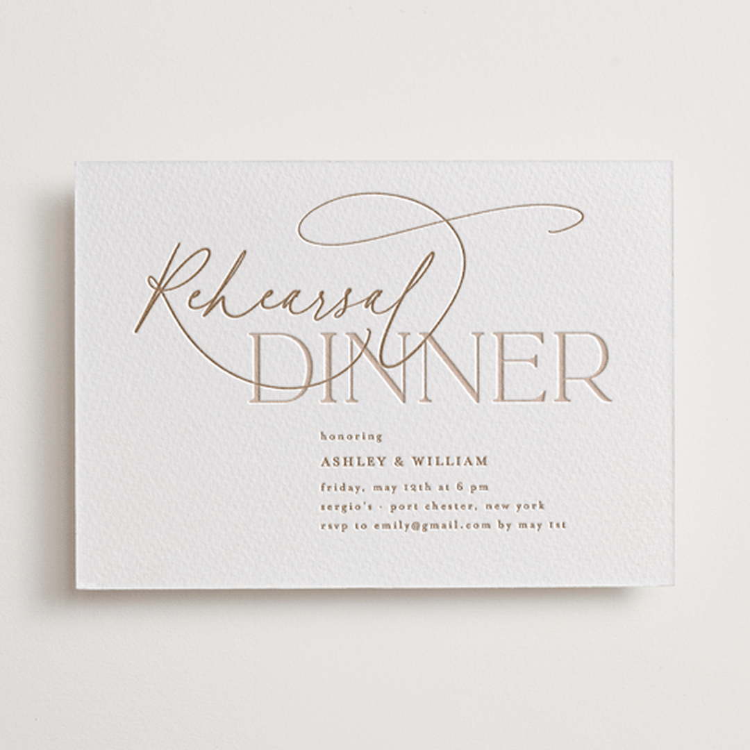 "Typographical" - Letterpress Rehearsal Dinner Invitations in Matte Gold by Nicole Barreto - Front