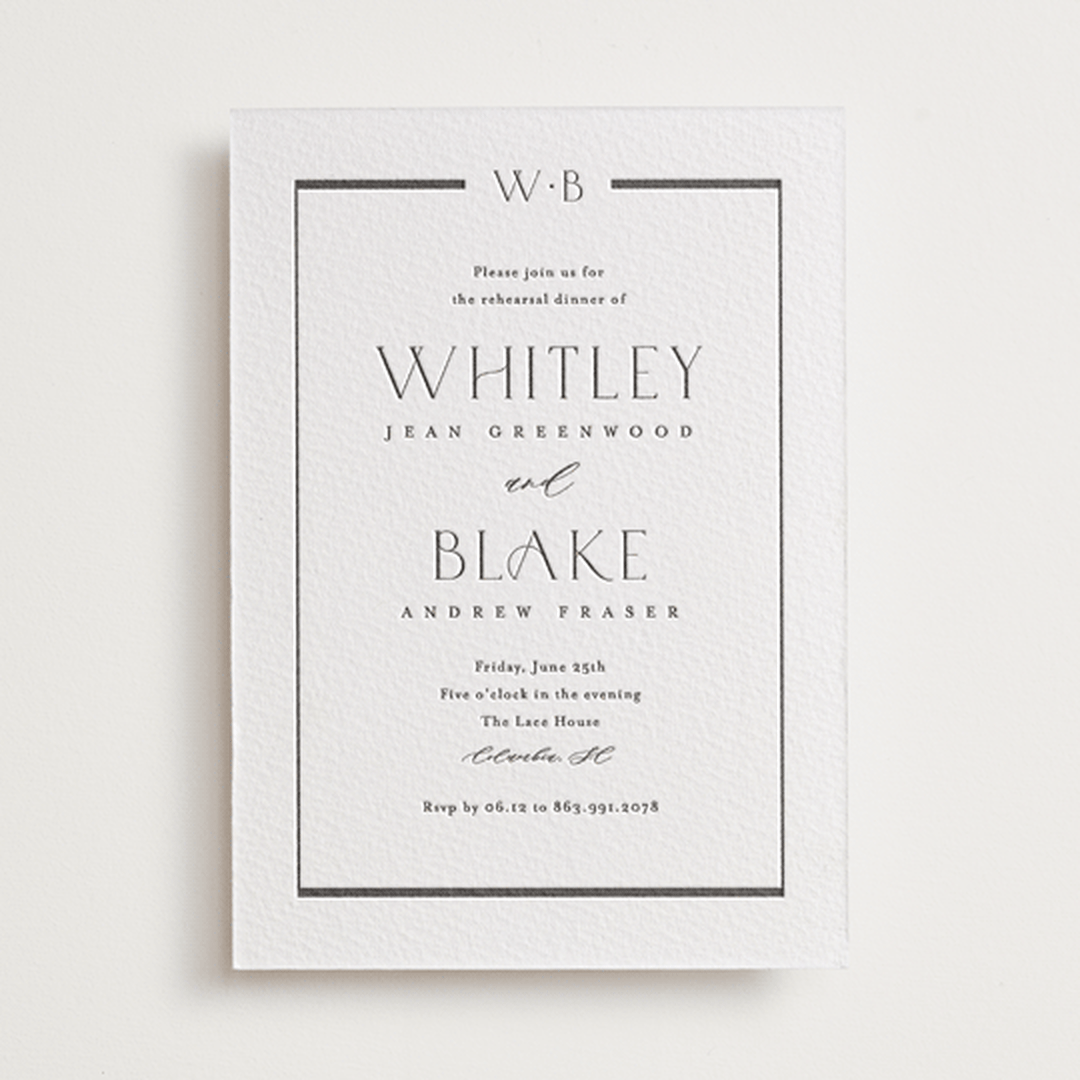 "Luster" - Letterpress Rehearsal Dinner Invitations in Soft Black by Stacey Meacham - Front
