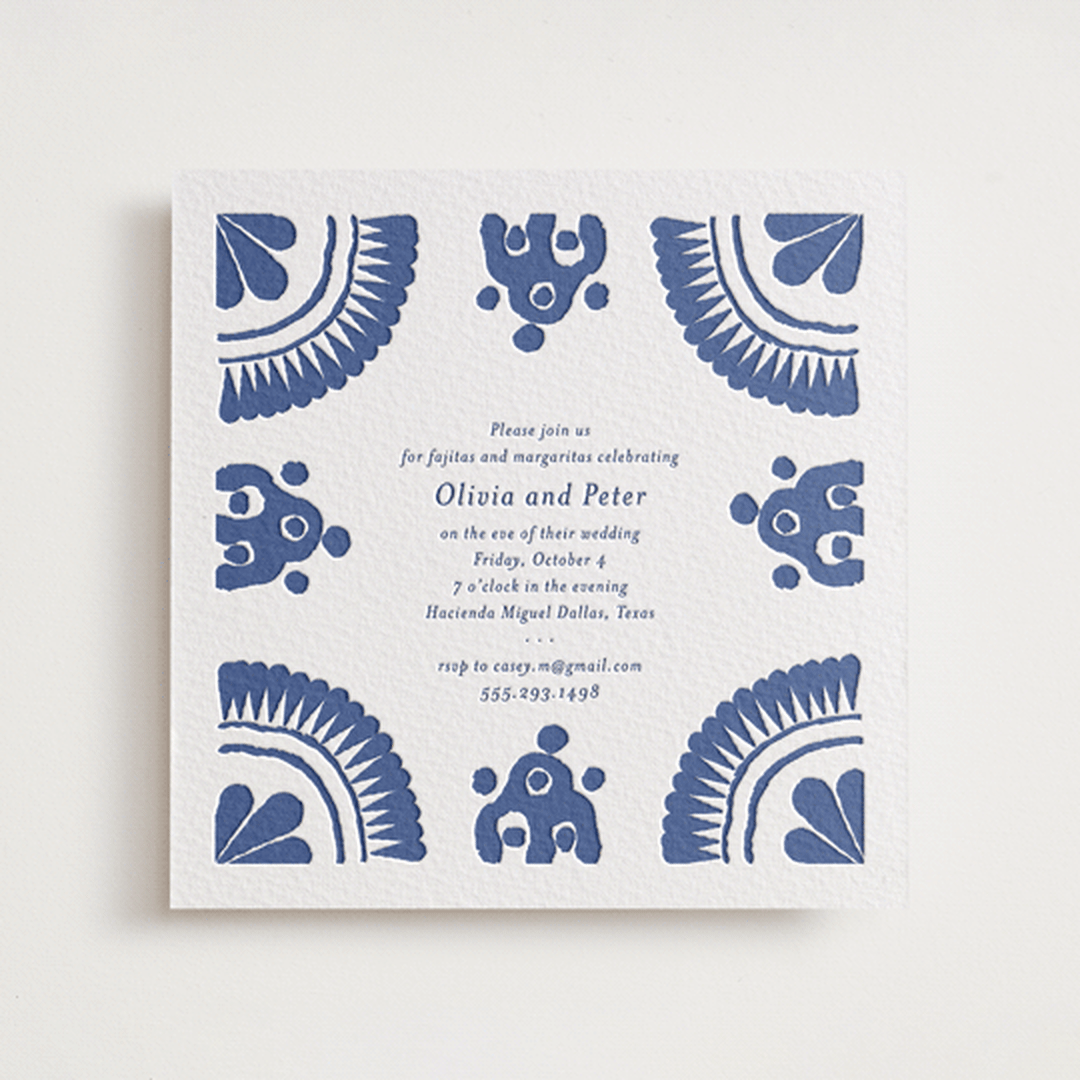 "Talavera" - Letterpress Rehearsal Dinner Invitations in Lapis by Lagniappe Paper - Front