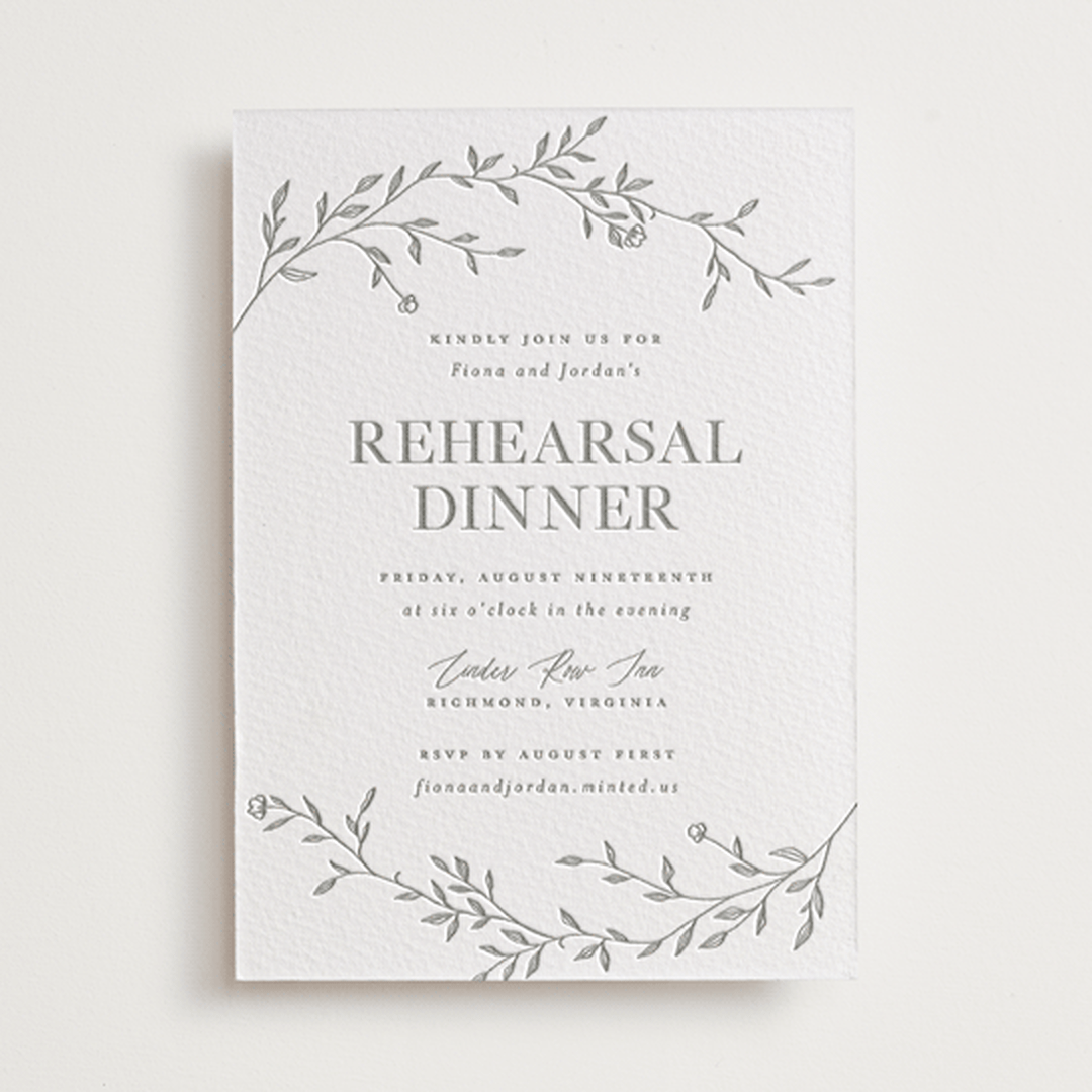 "Jasmine" - Letterpress Rehearsal Dinner Invitations in Ash by Vera Lim - Front