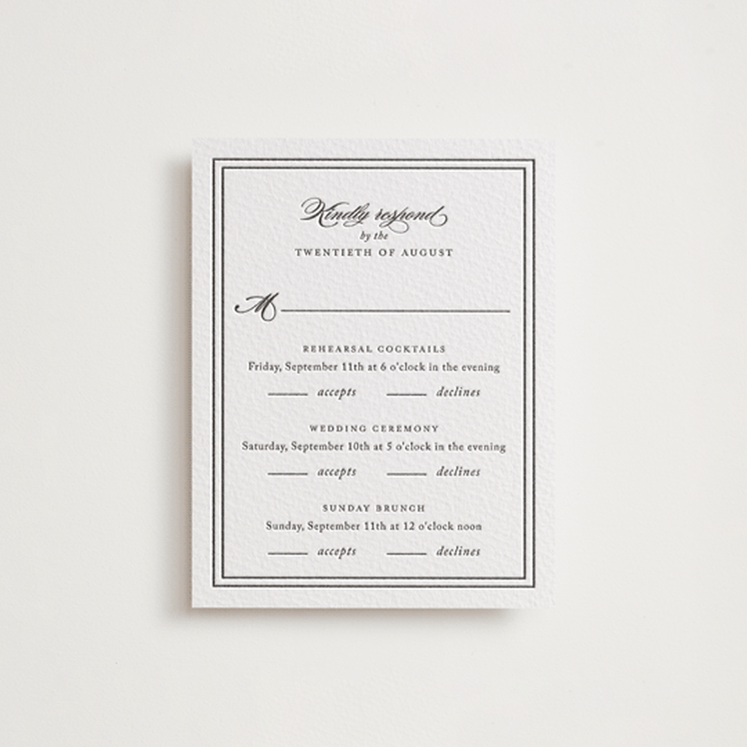 "Eloquence" - Letterpress Multi-Event RSVP Cards in Soft Black by Kimberly FitzSimons - Front