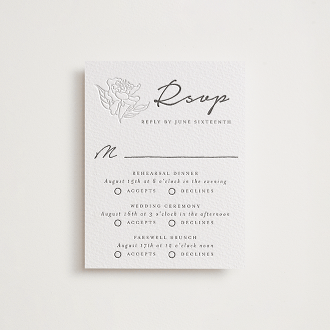 "my dearest" - Letterpress Multi-Event RSVP Cards in Soft Black | Blind Deboss by Qing Ji - Front