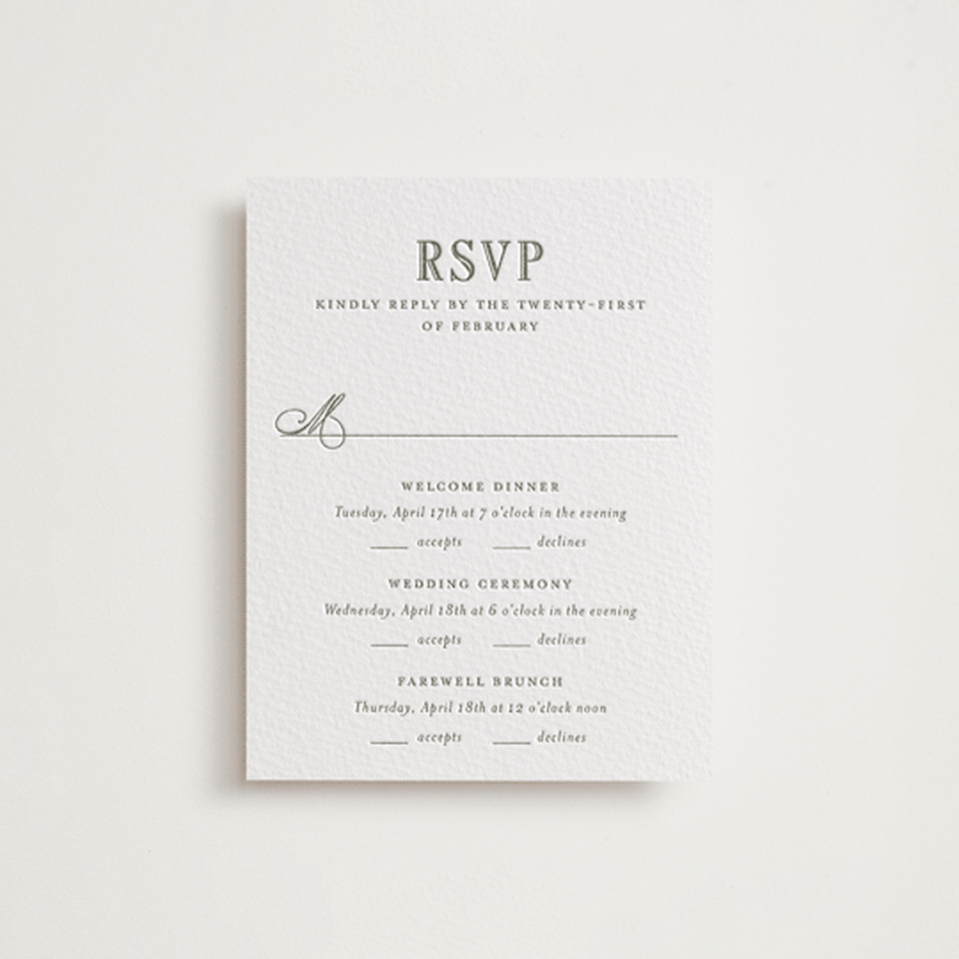 "Hepburn" - Letterpress Multi-Event RSVP Cards in Moss by Megan Davis - Front