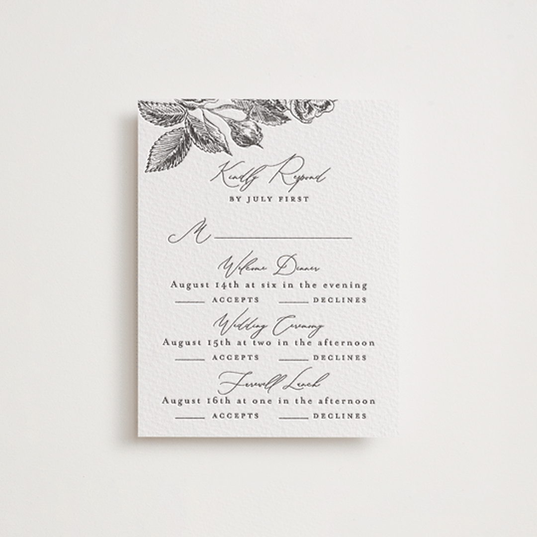 "Etchings of Roses" - Letterpress Multi-Event RSVP Cards in Soft Black by Chris Griffith - Front