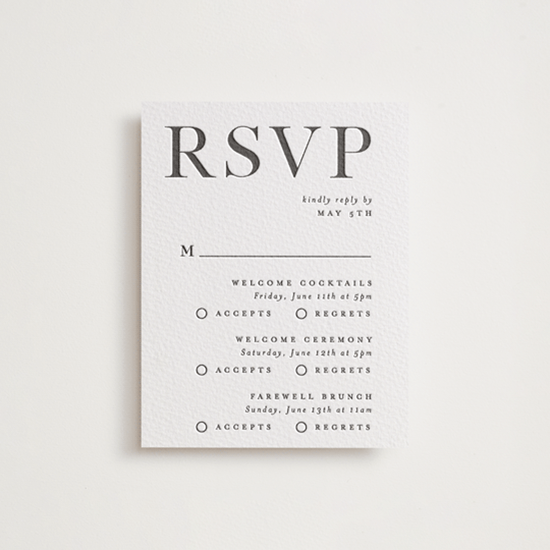 "Trio" - Letterpress Multi-Event RSVP Cards in Soft Black by Pixel and Hank - Front