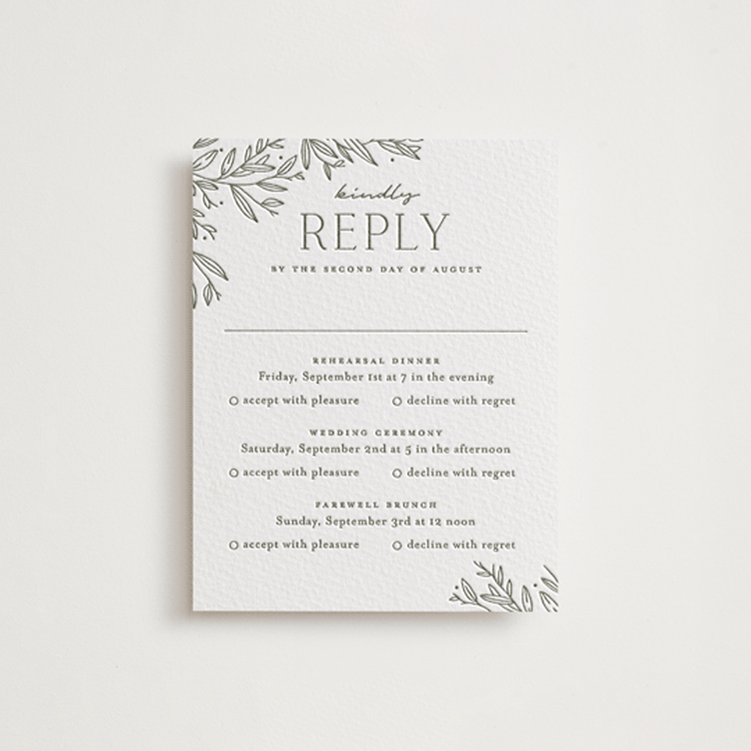 "Beauty of Nature" - Letterpress Multi-Event RSVP Cards in Moss by Oscar and Emma - Karly Depew - Front