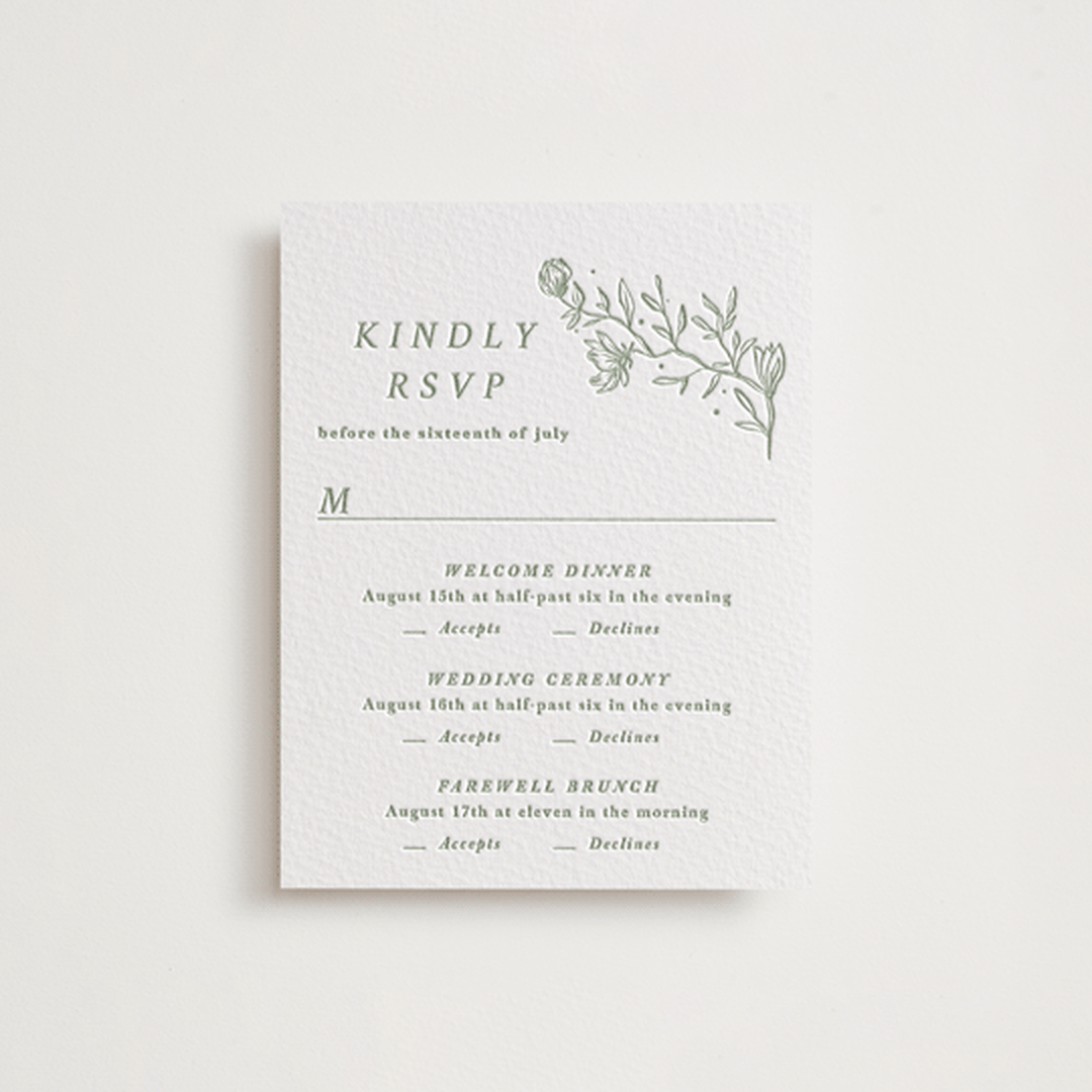 "Magnolia" - Letterpress Multi-Event RSVP Cards in Mint by Camille Robinson - Front