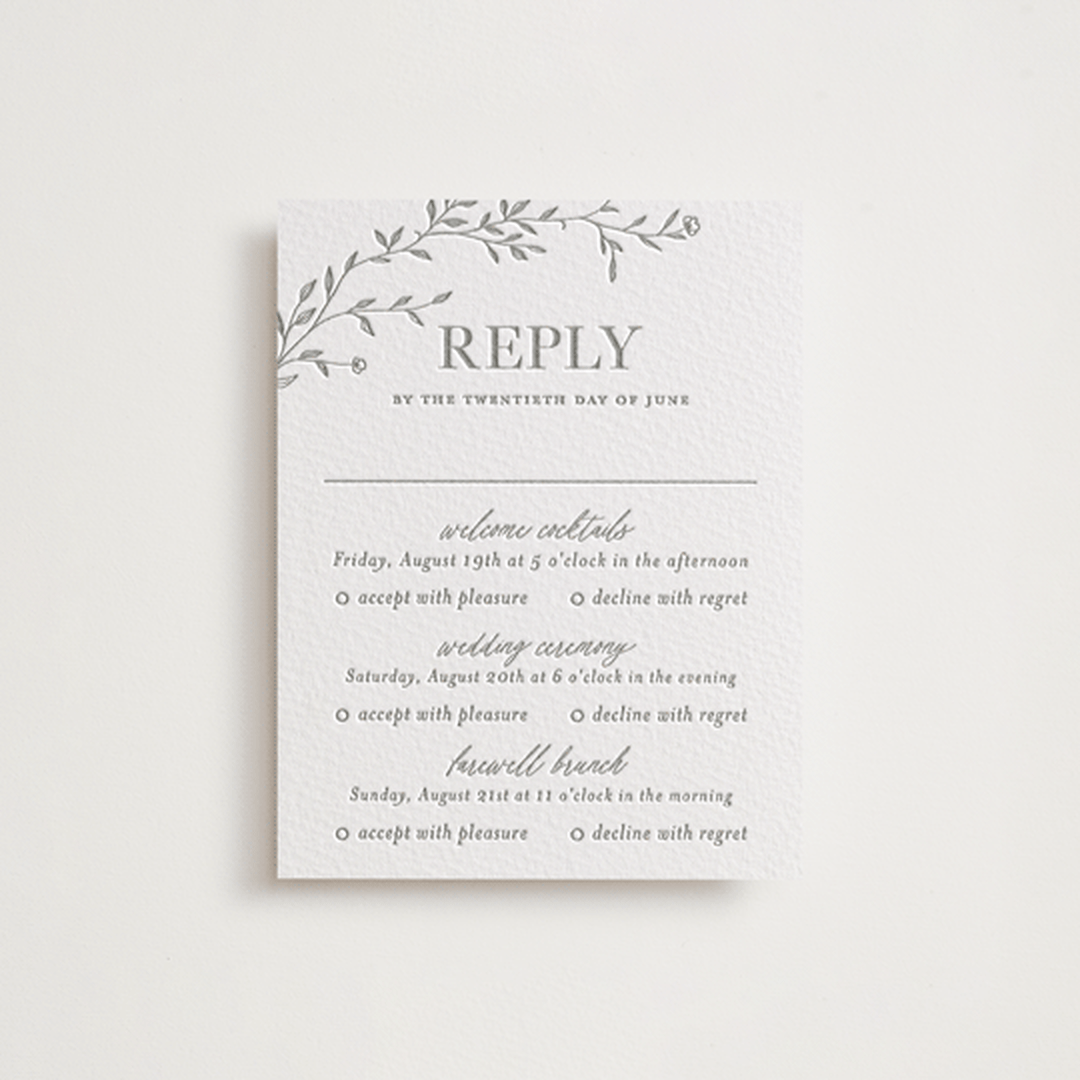 "Jasmine" - Letterpress Multi-Event RSVP Cards in Ash by Vera Lim - Front