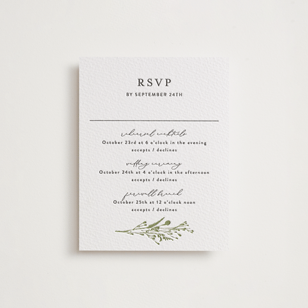 "Gathered" - Letterpress Multi-Event RSVP Cards in Pistachio | Soft Black by Susan Moyal - Front