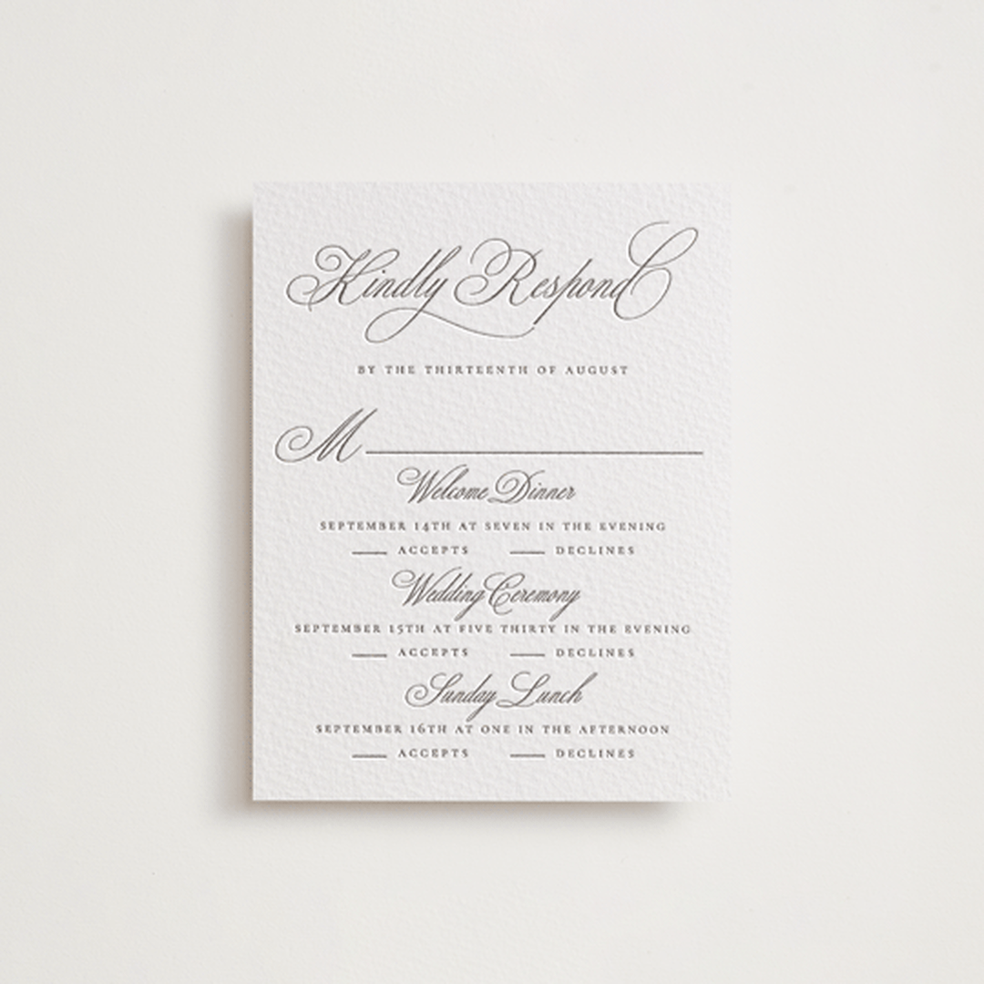 "Calligraphie" - Letterpress Multi-Event RSVP Cards in Graphite by Wildfield Paper Co - Front