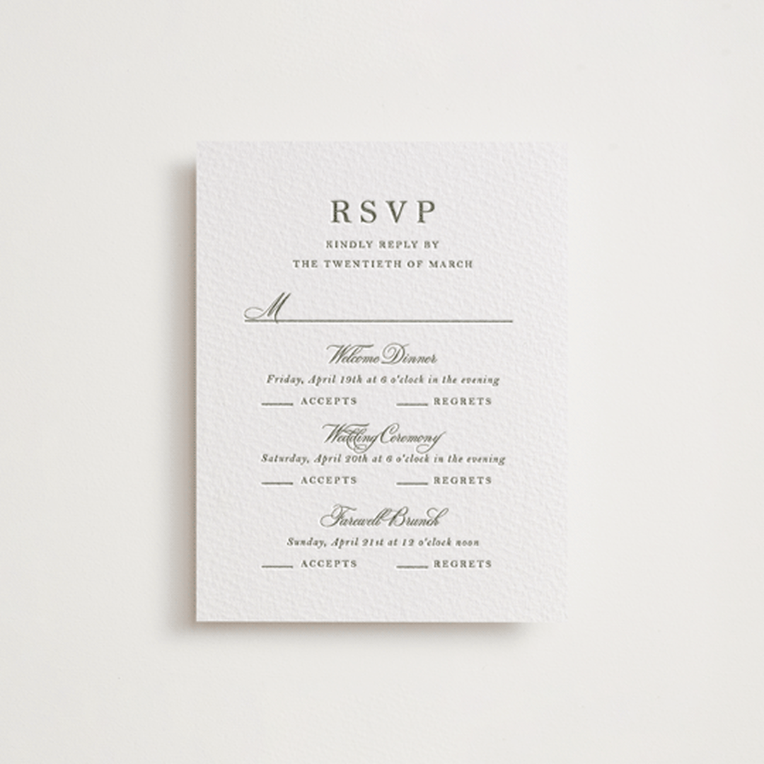 "Bevel" - Letterpress Multi-Event RSVP Cards in Moss by Megan Davis - Front