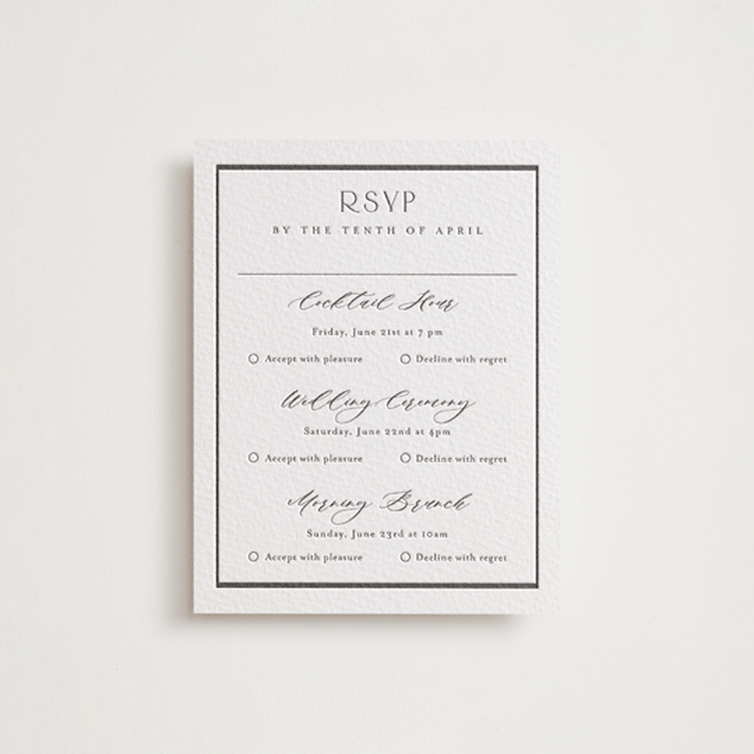 "Luster" - Letterpress Multi-Event RSVP Cards in Black by Stacey Meacham - Front