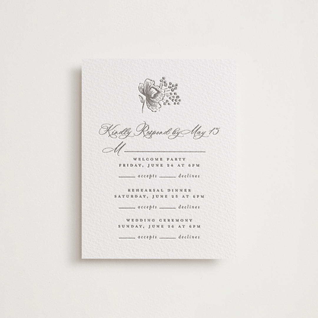 "Wedding Press" - Letterpress Multi-Event RSVP Cards in Graphite by Chris Griffith - Front