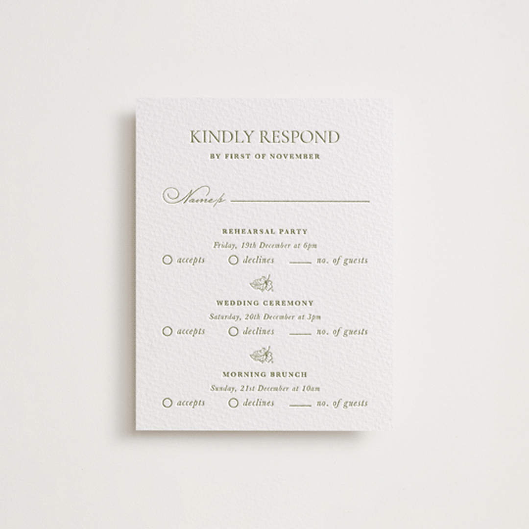 "Vineyard Elegance" - Letterpress Multi-Event RSVP Cards in Pistachio by Lucrecia Caporale - Front