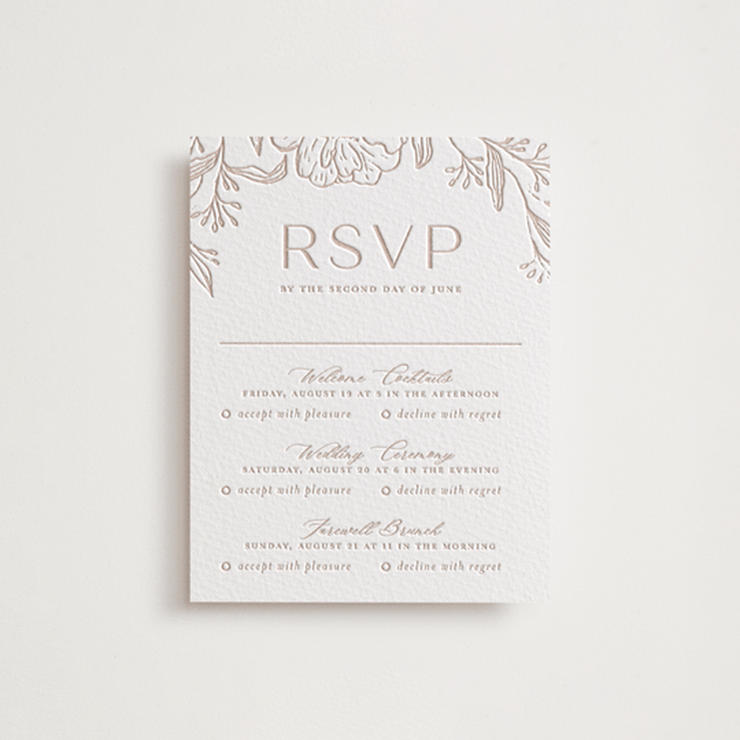"Camellia.." - Letterpress Multi-Event RSVP Cards in Latte by Vera Lim - Front