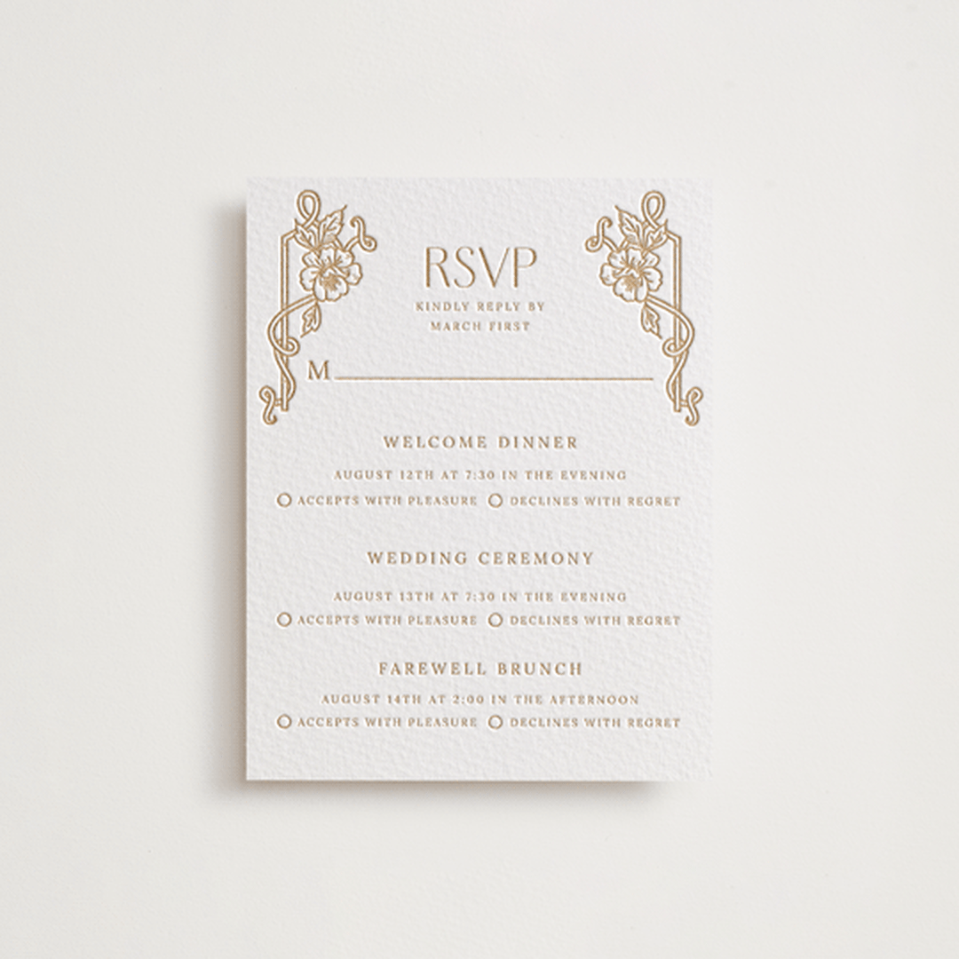 "Nouveau Peony" - Letterpress Multi-Event RSVP Cards in Faux Gold by Selima Akhter - Front