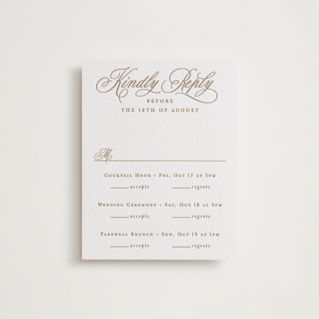 "Vineyard Script" - Letterpress Multi-Event RSVP Cards in Matte Gold by Hooray Creative - Front