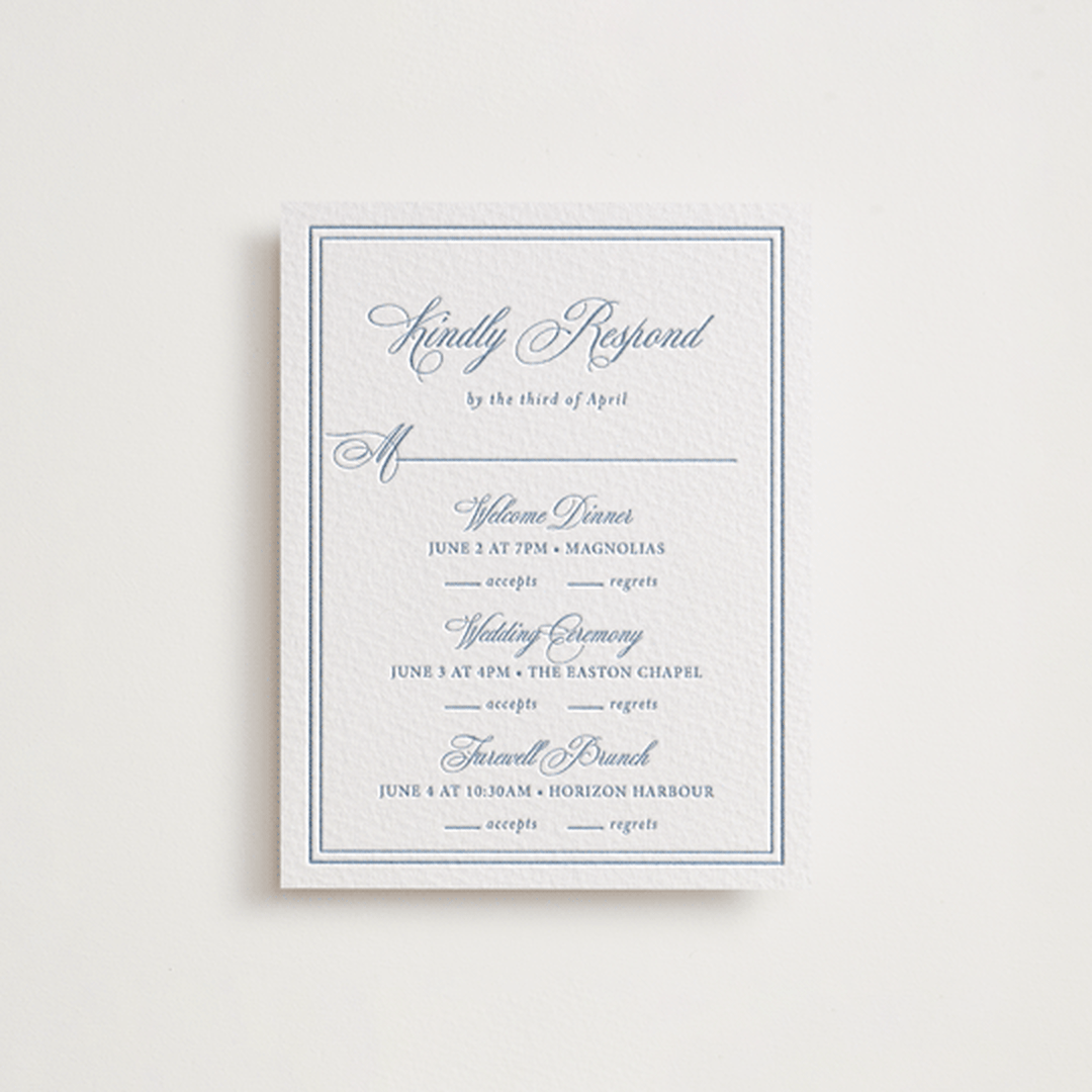 "The Chapel" - Letterpress Multi-Event RSVP Cards in Provincial Blue by Melinda Denison - Front