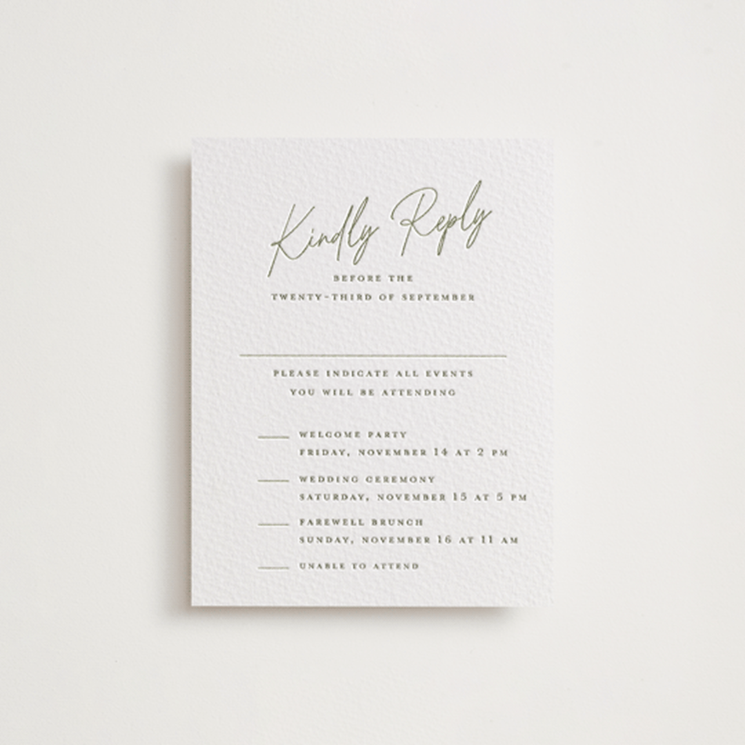 "angeline" - Letterpress Multi-Event RSVP Cards in Moss by chocomocacino - Front