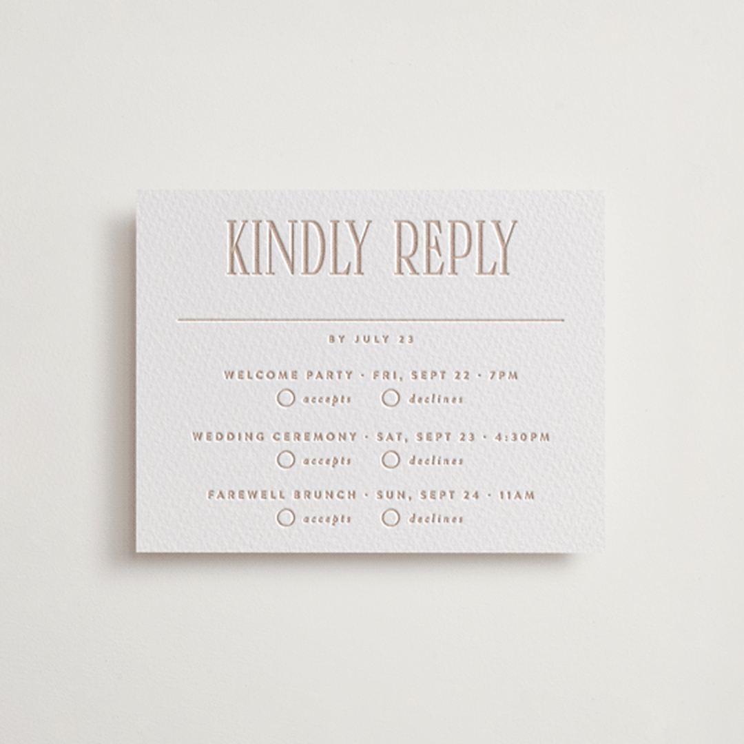 "title" - Letterpress Multi-Event RSVP Cards in Latte by JoAnn Jinks - Front