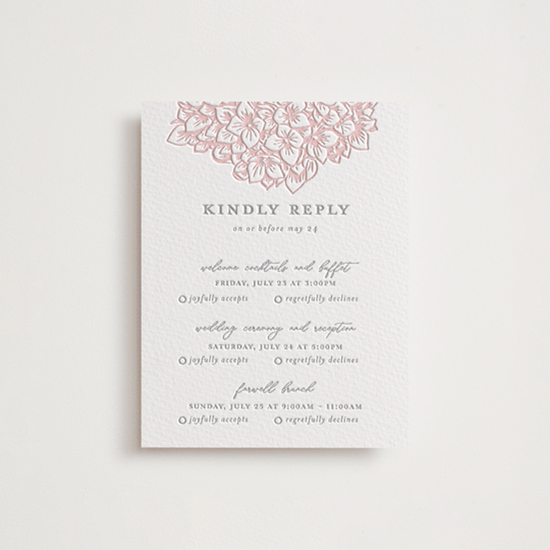 "Hydrangea Blooms" - Letterpress Multi-Event RSVP Cards in Blush by Paula Pecevich - Front