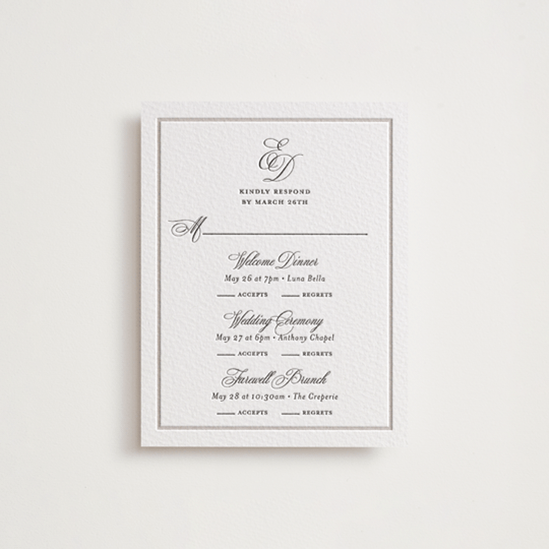 "Royal" - Letterpress Multi-Event RSVP Cards in Soft Black by Melinda Denison - Front