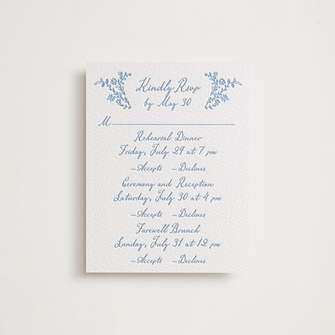 "Garden romance" - Letterpress Multi-Event RSVP Cards in Sky Blue by Creo Study - Front