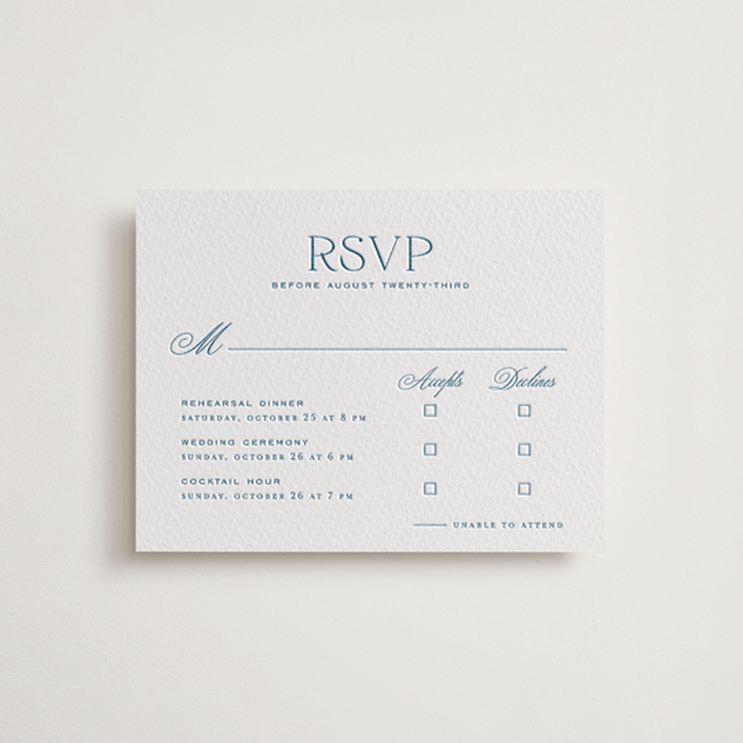 "ricciarelli" - Letterpress Multi-Event RSVP Cards in Denim by chocomocacino - Front