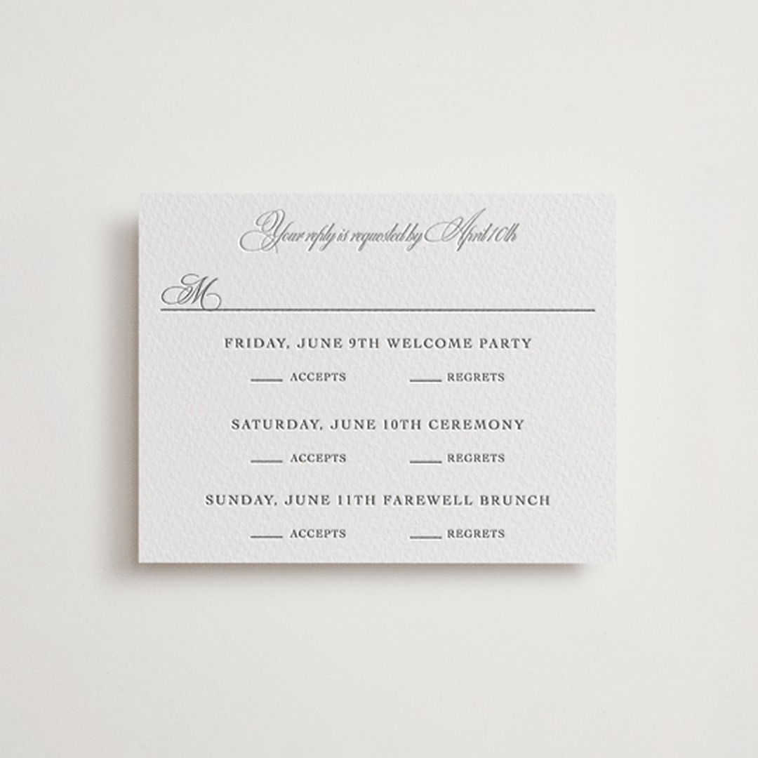 "Bradford" - Letterpress Multi-Event RSVP Cards in Charcoal by Megan Davis - Front