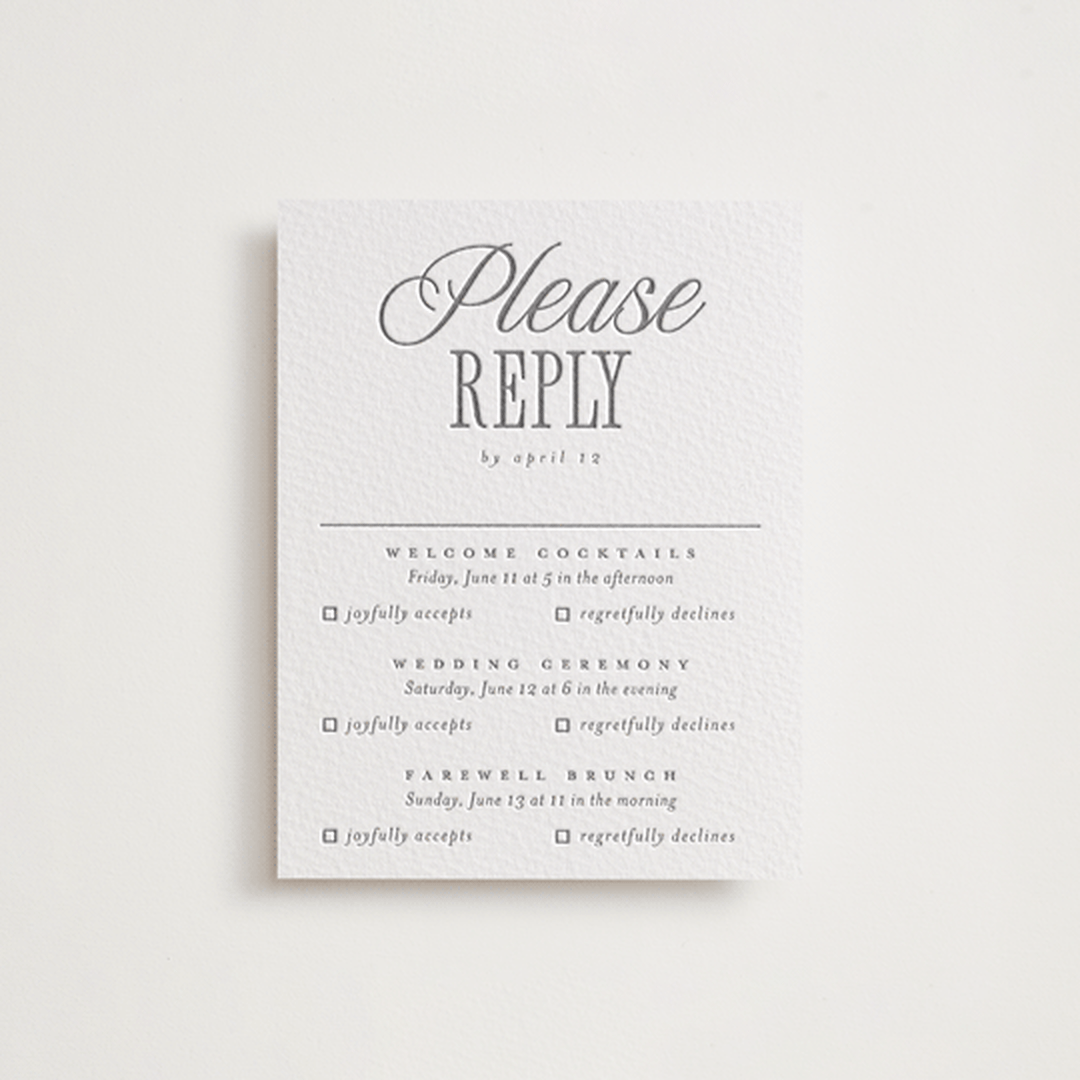 "Icon" - Letterpress Multi-Event RSVP Cards in Gravel by Vera Lim - Front