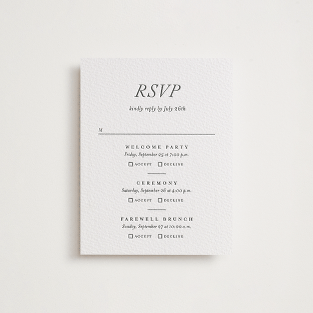 "Magnolia" - Letterpress Multi-Event RSVP Cards in Pewter by Eric Clegg - Front