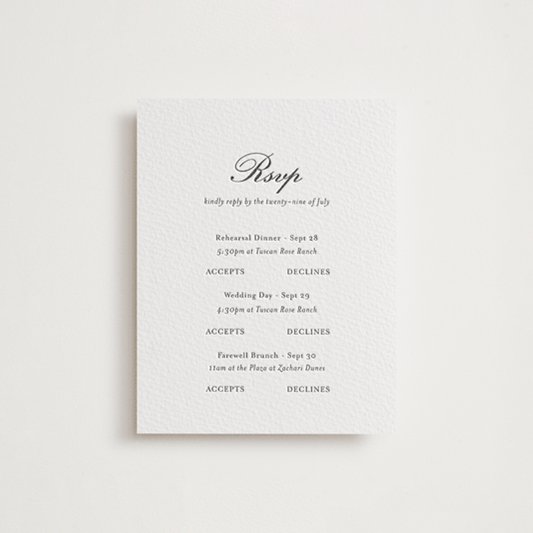 "Finely" - Letterpress Multi-Event RSVP Cards in Soft Black by Ani Somi - Front