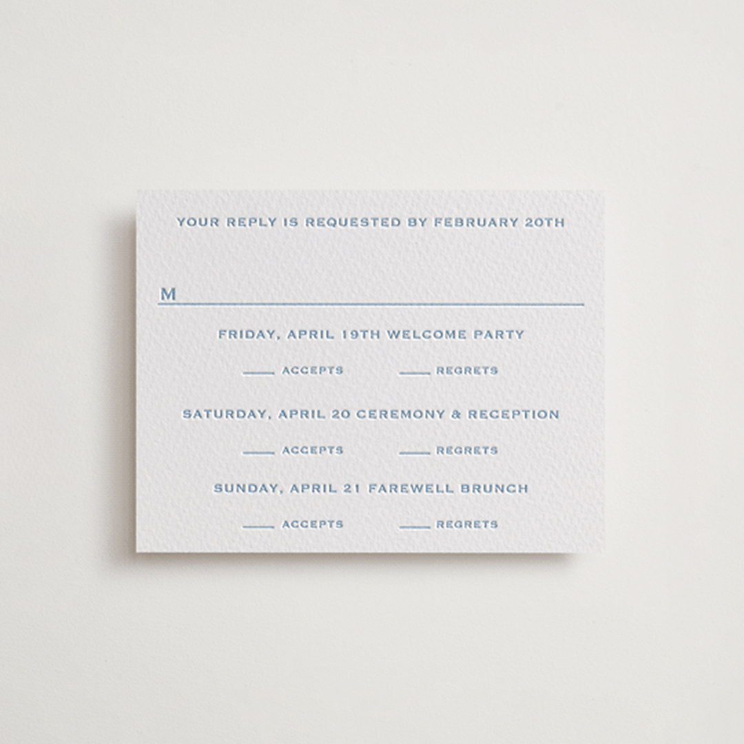 "Danbury" - Letterpress Multi-Event RSVP Cards in Sky Blue by Megan Davis - Front