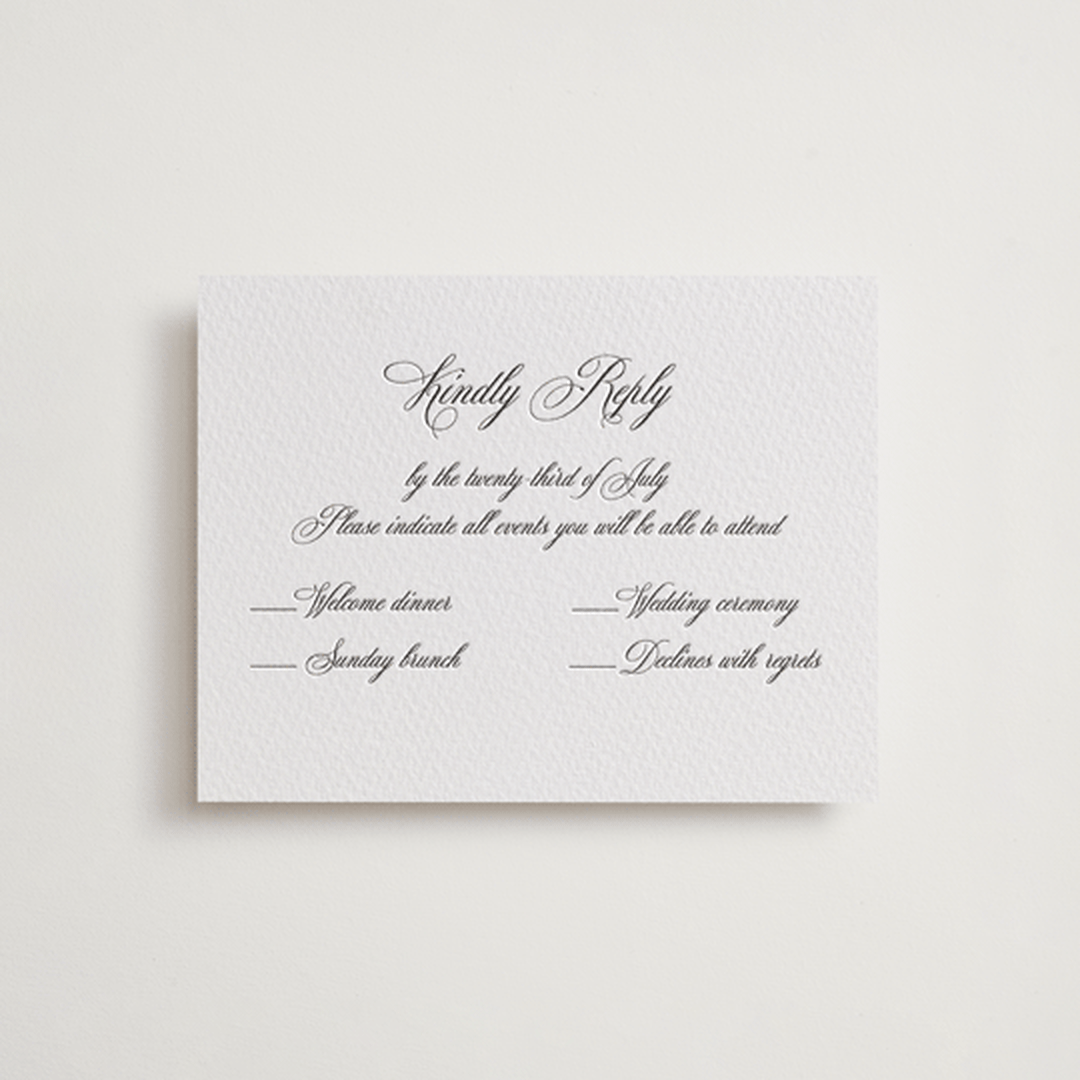"palazzo" - Letterpress Multi-Event RSVP Cards in Soft Black by Benita Crandall - Front