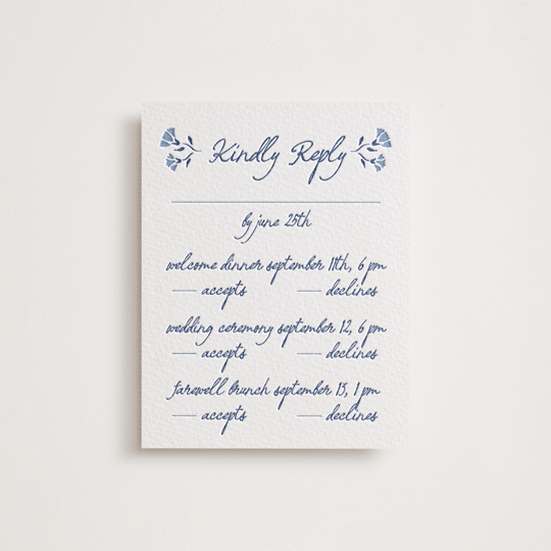 "Talavera" - Letterpress Multi-Event RSVP Cards in Lapis by Tamara Hilje - Front