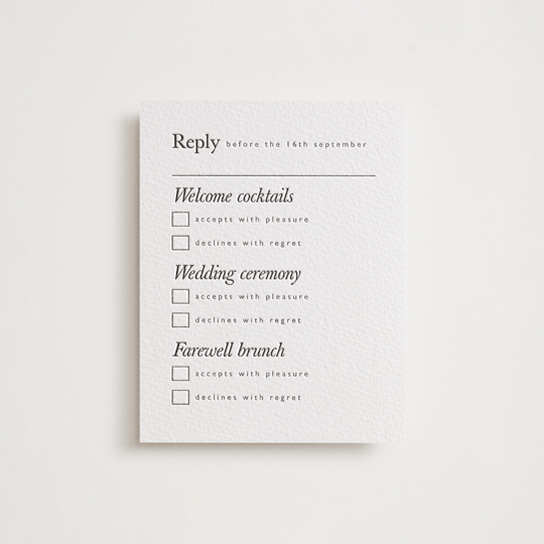 "Westin" - Letterpress Multi-Event RSVP Cards in Soft Black by Hudson meet Rose - Front